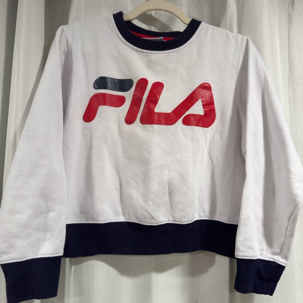 Fila Womens Crewneck Sweatshirt White Navy Red‎ Logo Fleece Pullover Large